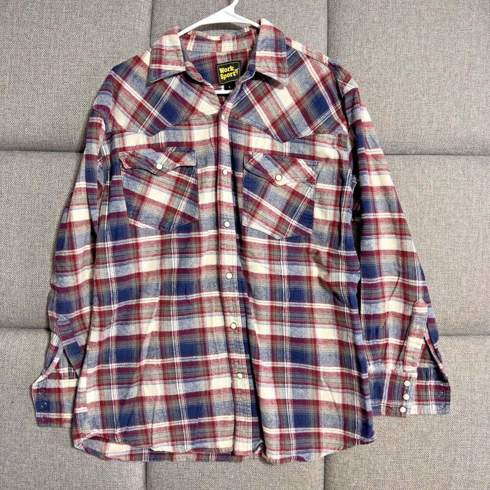 Mens Western Flannel Shirt w/ Snaps‎ (Red, White, Blue) 100% Cotton - Size Large